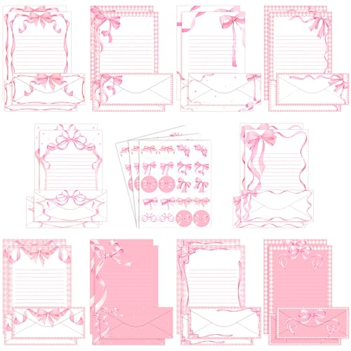 Image of TaoBary 160 Pcs Pink Bow Stationery Paper and Envelopes Set Coquette Lined Stationery Paper 50 Double Sided Pink Papers with 50 Matching Envelopes and 60 Round Dot Sticker for School Students Rewards