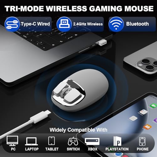 Image of YUNZll C1 Silicone Wireless Mouse | 6-Level DPI,Up to 4800,Optical Tracking,500mAh 2.4G /USB-C /BT,Custom Mice for Laptop, Computer, iPad, MacBook (Gray Silver)