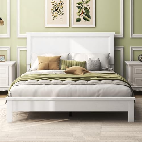 Image of GIANTEX Wood Queen Platform Bed Frame with Headboard, Mid Century Bed Frame with Solid Wood Legs & Wooden Slat Support, No Box Spring Needed, White Bed