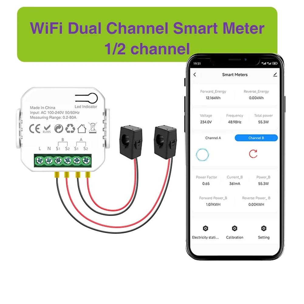 Medidor de Potencia Inteligente Tuya Wifi con Abrazadera para Transformador de Corriente, Medidor de Energía de 2 Canales 80A, Vatímetro para Hogar Inteligente