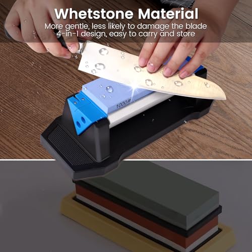 Image of 3-Sided Sharpening Stone Kit, 400 /1000 /5000 Grit Knife Sharpening Stone with Leather Strop, Angle Guide & Non-Slip Base, Professional Whetstone Knife Sharpener for Kitchen Knives, Scissors