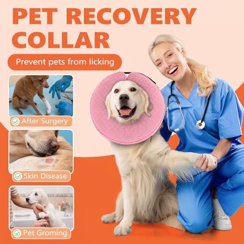 Image of Inflatable Dog Cone Collar After Surgery, Soft Dog Cone for Large Medium Small Dogs and Cats, Adjustable Blow up Neck Donut, Pet Recovery E Collar Alternative Not Block Vision(Pink,S)