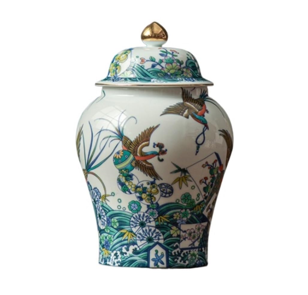 SBJKLYRN ceramic jar， Chinese Ceramic Ginger Jar Floral Vases with Lid Gold Enamel Porcelain Vase Temple Jars Tea Storage Jar Temple Jar(14.5 * 21.5cm)