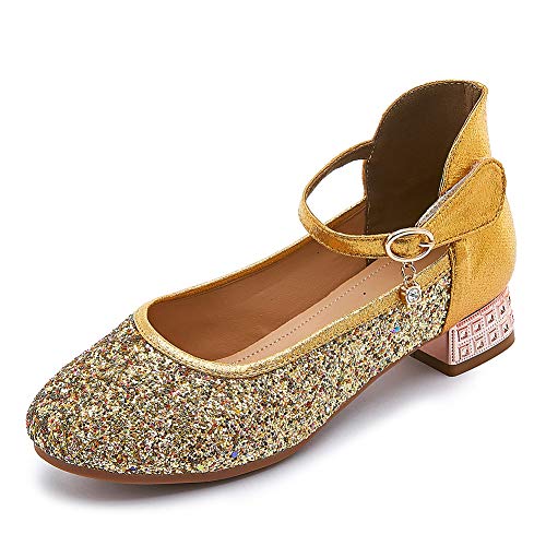 HIPPOSEUS Girls Dress Shoes Sequins Flats Wedding Party Shoes Mary Jane Princess Shoes (Toddler, Little Kid), Gold, 1M US Little Kid