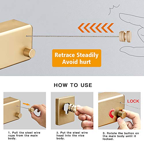 Image of BESy Retractable Clothesline ABS case+Aluminum Dryer with Adjustable Stainless Steel Double Rope String Hotel Style Heavy Duty,Wall Mounted Method, 13.8 Feets,Gold