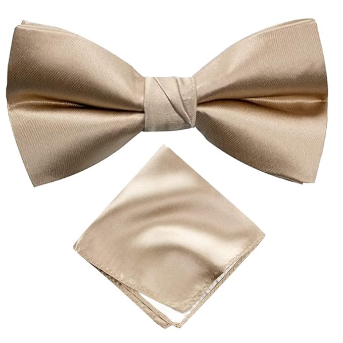 calixto Double Layer Pre-Tied Bow And Pocket Square for Men, Classic Solid Color Satin Fabric Bow Tie, Tuxedo Bow, Adjustable Length Clip, Formal Bow-picture-24