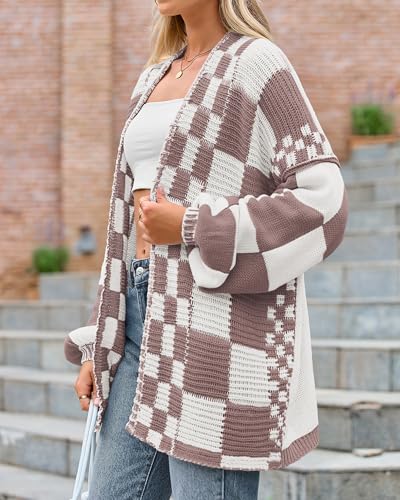 Image of BTFBM Casual Cardigan Sweater for Women Fall 2026 Long Sleeve Open Front Chunky Knit Sweaters Checkered Outwear Coat