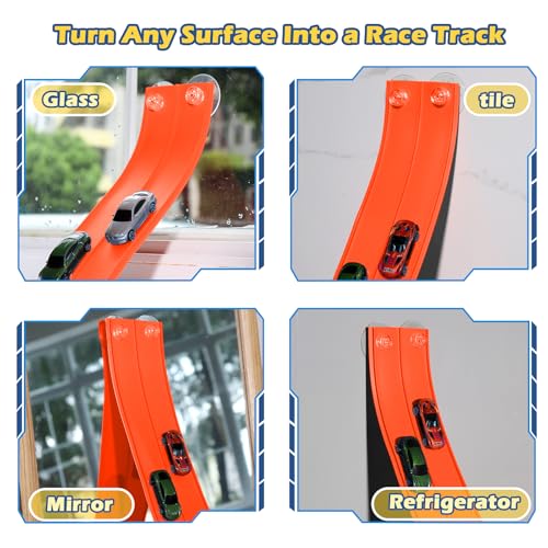 Image of Flexible Race Track for Kids, Flexible Car Track 15Ft Race Track Compatible with Diecast 1 /64th Cars, Roll Up Car Ramp Toy with Strong Suction Cups