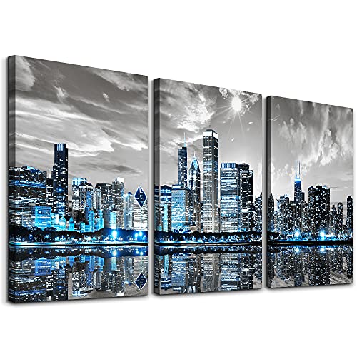 SERIMINO Chicago Skyline Wall Art for Living Room, Modern City Pictures Canvas Wall Decor for Office Bedroom 3 Pieces Set Night Scene Prints Paintings for Home 12"X16"