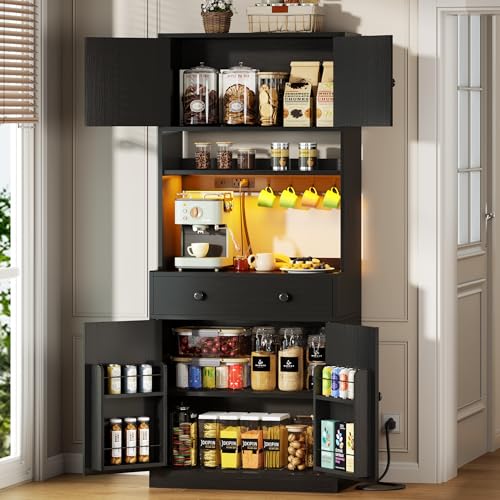 Korfile 71' Tall Kitchen Pantry Storage Cabinet with Power Outlet & LED Light,...