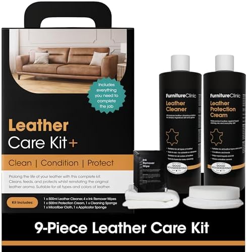 Furniture Clinic Complete Leather Care Kit+ With Large Leather Cleaner & Leather Protection Cream for Sofas, Car Seats - Leather Care Set Includes 500ml Ultra Clean & 500ml Leather Conditioner