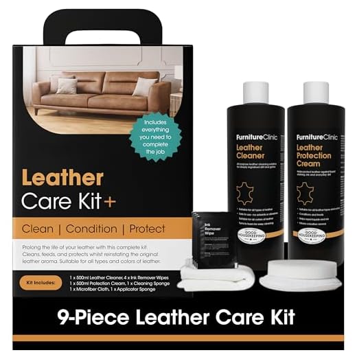 Furniture Clinic Large Leather Care Kit | Leather Cleaner + Conditioning Protection Cream for Furniture | Two 17oz Bottles + 1 Sponge & 1 Cloth | Restore Leather Couches, Car Seats, Jackets, & Boots