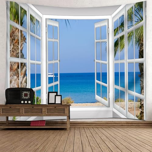 Tapisserie paysage de mer : tenture murale effet fenêtre 150x130
