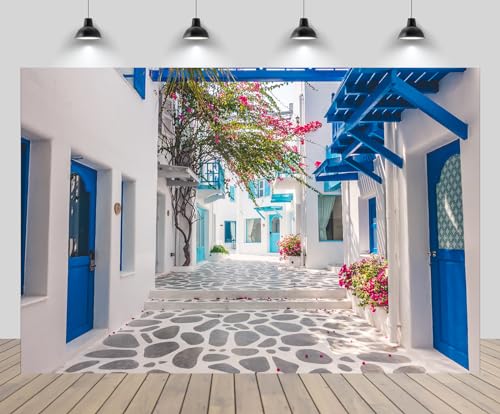 Toile de fond Santorin 2,1x1,5m avec fenêtre bleue grecque et décor fleuri de mariage