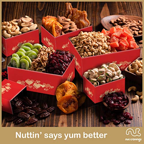 Nut Cravings Gourmet Collection - Dried Fruit & Mixed Nuts Gift Basket Red Tower + Heart Ribbon (12 Assortments) Food Bouquet Platter, Birthday Care Package Tray, Healthy Kosher Snack Box #TOP2