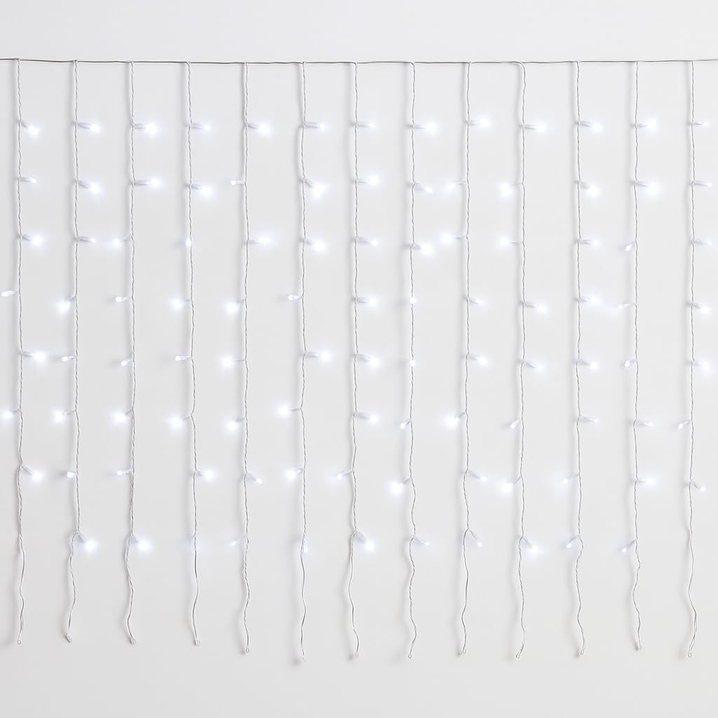 Elektronova Zasłona świetlna, 200 diod LED, 5 m, białe światło, biały kabel, IP65, przedłużana, efekt białego błysku, z jednolitymi przewodami 50 cm, girlandą bożonarodzeniową, sklepami, balkonem