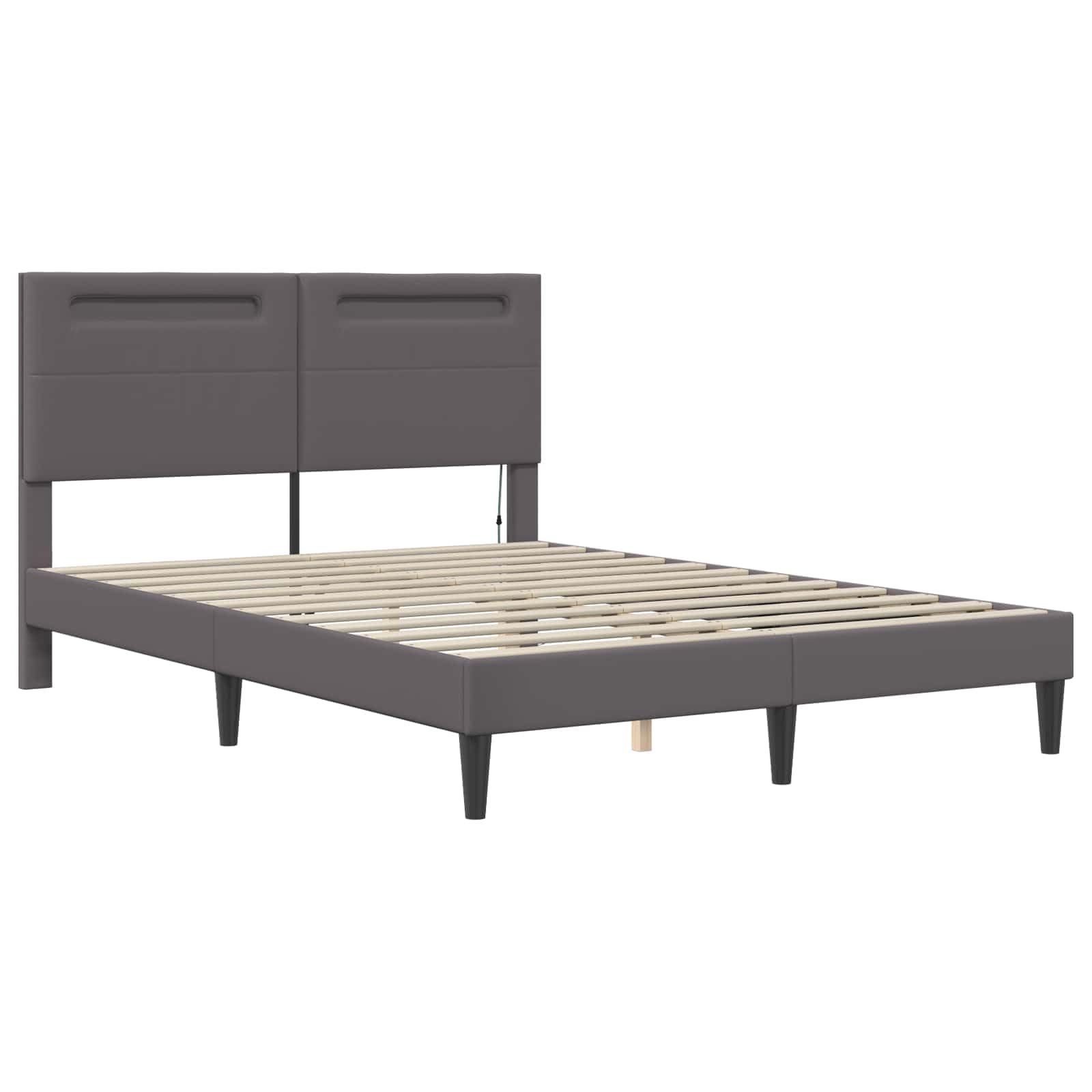 Marco de cama con tiras de luz LED, gris, 140 x 190 cm, piel sintética, cama de madera maciza con espacio de almacenamiento y cabecero para cama de matrimonio