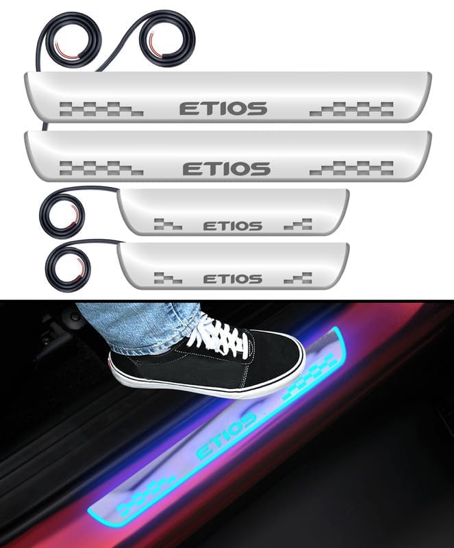 Fabtec Car Door Foot Step Led Sill Plate Compatible with Toyota Etios, Anti-Scratch Reflective Mirror Finish, Blue Light, Set of 4 Pcs (6 Months Warranty)
