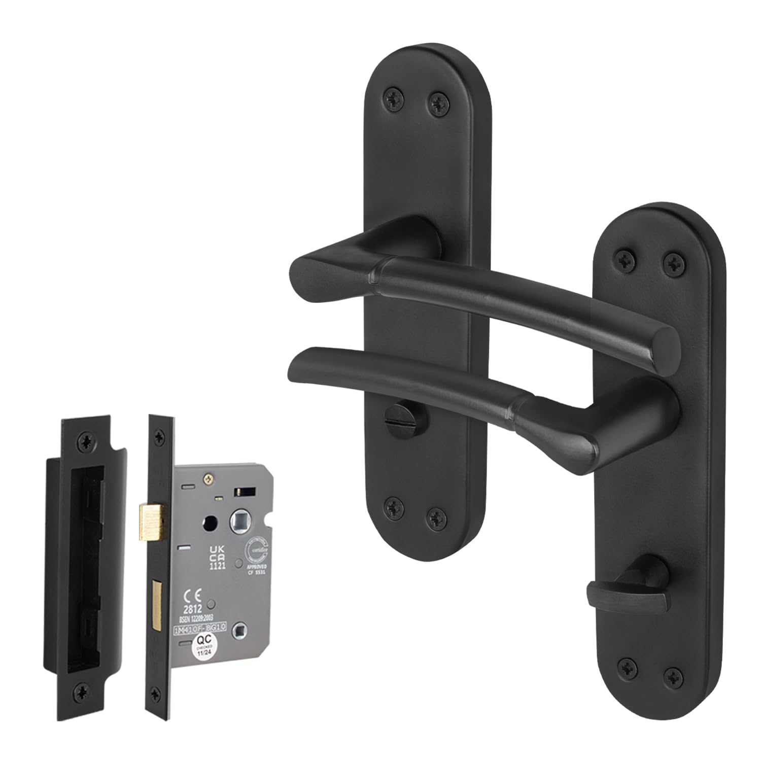 EAI Black Bathroom Door Handle Set, 1 Pair of Matt Black Internal Lever Handles on Backplate, Lock 64mm - Bova Range