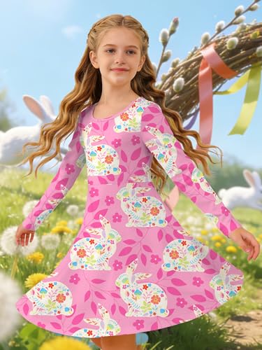 Image of Ithalt Girls Easter Dress Bunny Print Shirts Easter Long Sleeve Dresses Litter Girls Christian Easter Gifts 5-12y