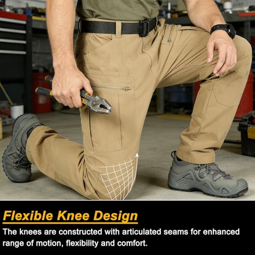 LUDEY Mens Hiking Cargo Pants Elastic Waist Ripstop Work Tactical Pants Water Resistant Outdoor Sweatpants with 8 Pockets-Khaki XL - image 6