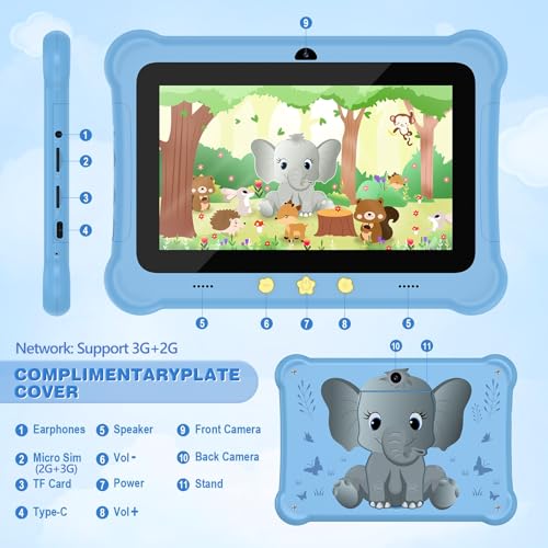 Image of Kids Tablet, 7 inch Android Tablets for Kids, 6GB+32GB (512GB expand) Kids Learning Tablet with SIM Card Slot & Case, WIFI, Parental Control, Eye Protection, Dual Camera, 3G /2G Cellular Network, Blue