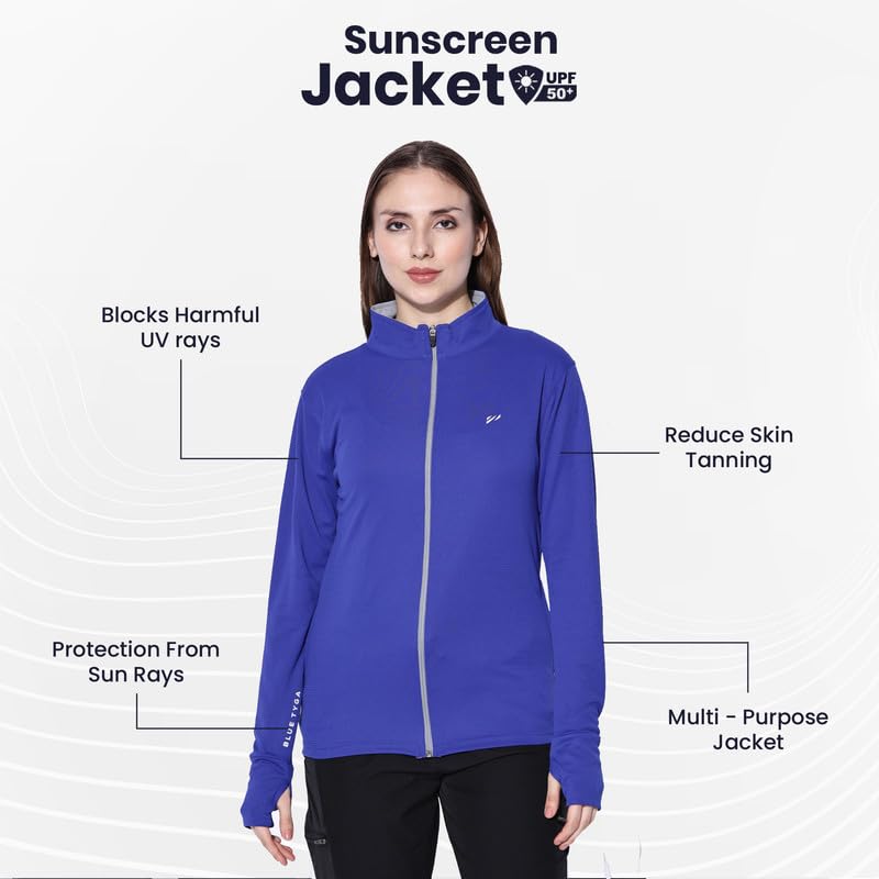 Image of BLUE TYGA SUNSCREEN JACKET Women's Travel Nylon Solid Plain Sports Summer Gym Workout Running Travel Trekking and Sunscreen Jacket for Women Nylon Winter Casual Wear