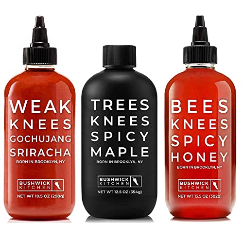 Product Image of the Spicy Trio Sampler, Gift Set Includes our Gochujang Sriracha, Spicy Maple Syrup, and Spicy Honey Hot Sauces