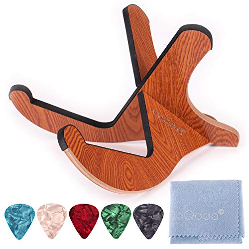 QoQoba Portable Wood Guitar Stand w/Scratch-Proof Edges | Wooden Acoustic Guitar Stand | Collapsible Foldable Electric Guitar Stand Floor | Guitar Picks (5pcs)| Microfiber Guitar Cleaning Kit (LARGE)