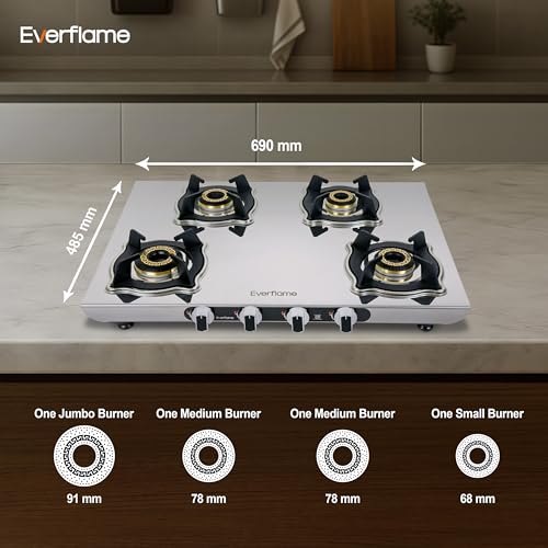 Image of Everflame Marvel 4 Burner Gas Stove | Manual Ignition | 6G Series Brass Burner | ISI Certified SS Cooktop | 5 Years Warranty on (Body & Burners) + 2 Year Comprehensive Warranty + Doorstep Service