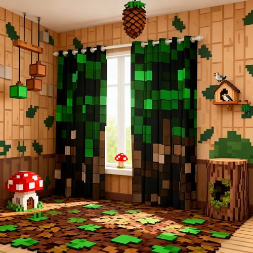Manfei Miners Pixel Checked Blackout Curtains Video Games Check Lattice Boys Girls Room Decor Game Cartoon Gamepad Window Curtains Green Brown 2 Panels 38Wx45L inch