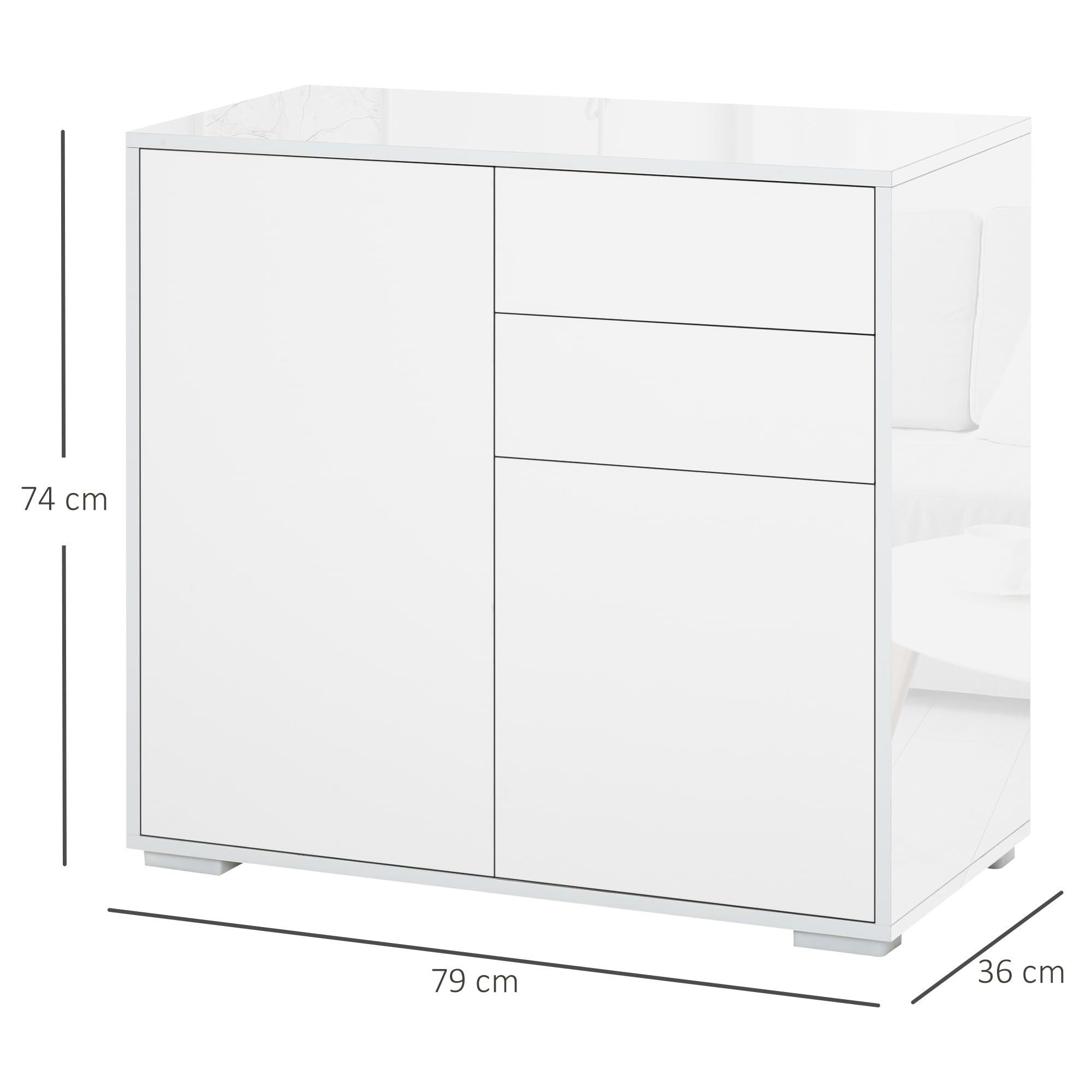 HOMCOM Mobiletto 2 Cassetti e 2 Ante, Apertura a Pressione, Mobile con 2 Cassetti e 2 Ante per Casa e Ufficio, 79x36x74cm, Bianco Opaco