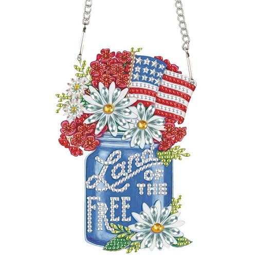 Image of 4th of July Diamond Art Painting Hanging Kit Independence Day Vase, 5D Acrylic Crystal Rhinestones Diamond Art Pendant with Flower and Flag Diamond Art Ornament for Door Wall Window Home Decor
