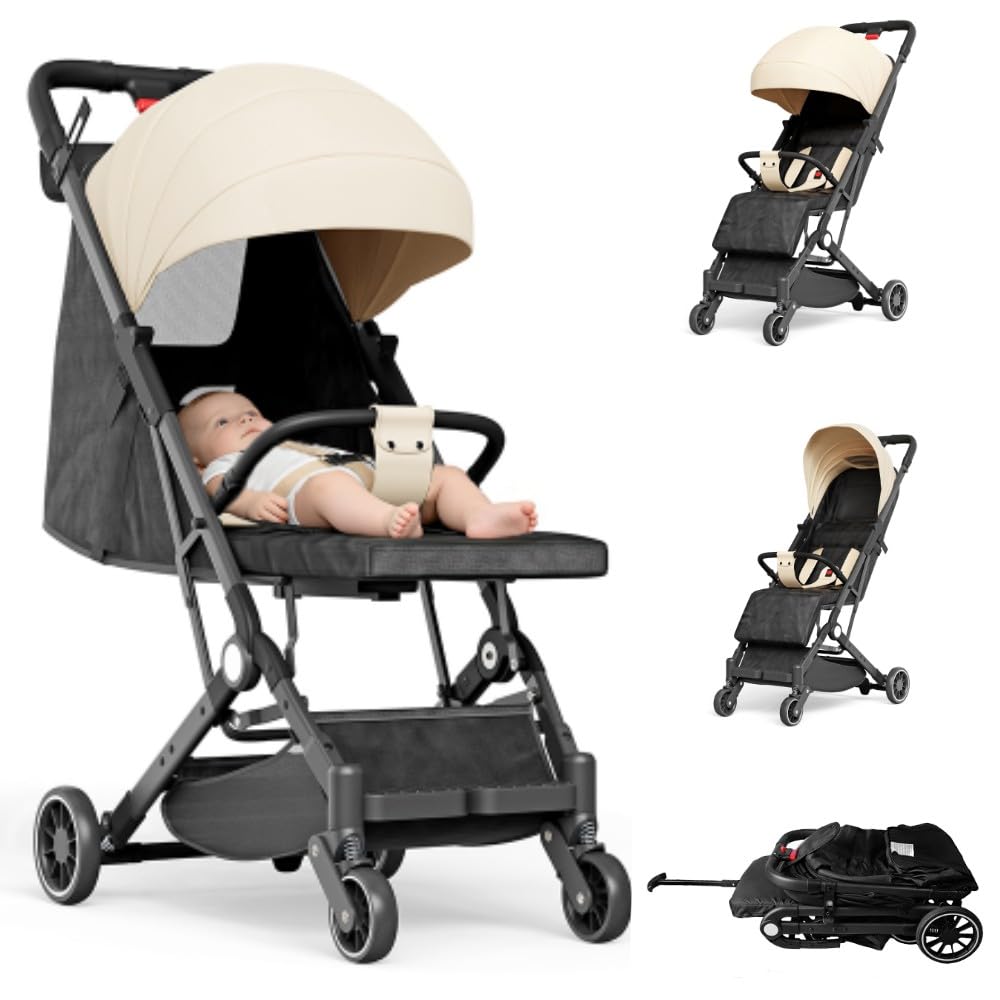 OHMG Cochecito 3 en 1,0 más meses-22 kg, cochecito de bebé ligero y compacto, cómodo, plegable con una sola mano, capucha extensible con protección contra la lluvia UV50+, reposamanos (Kaki-63 x 30 x