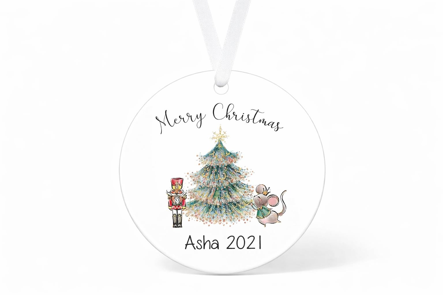 Personalised Christmas Bauble With Nutcracker Mouse And Tree Design – Custom Name Ornament – Flat Round Aluminium Decoration – Keepsake Gift For Children Or Families XMAS9884