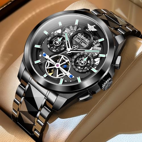 Image of OUPINKE Men Watch Automatic 5 Hands Multi Calendar Year /Month /Week /Date Mechanical 5ATM Waterproof Luxury Tungsten Steel Sapphire Crystal Wrist Watch for Men (3233:Black)