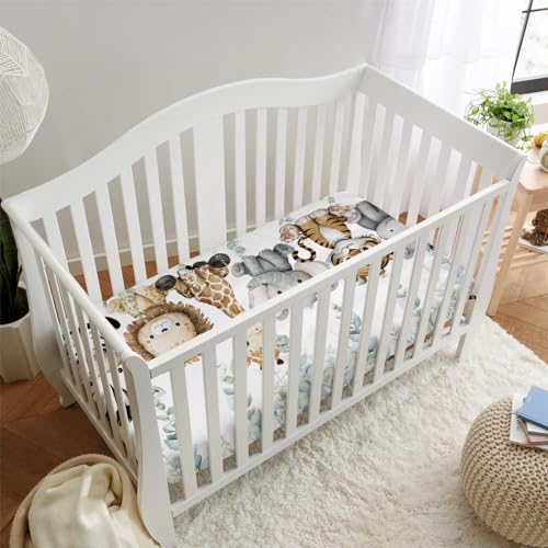Image of HawSkgFub Safari Jungle African Animals Eucalyptus Leaf Fitted Standard Baby Crib Sheet, Giraffe Lion Tiger Elephant Zebra Toddler Mattress Cover, Soft Stretchy Nursery Bed Sheets Kids Gift 52 inch x 28 inch