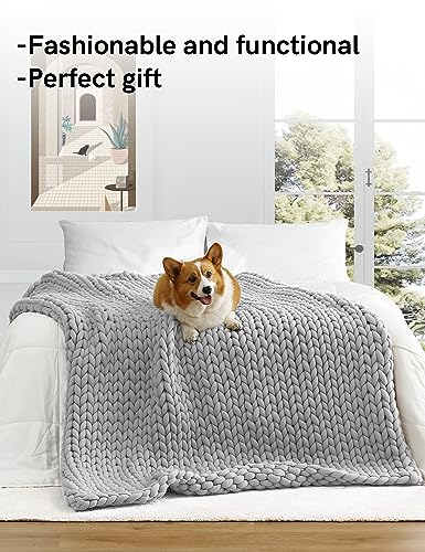 YnM Knitted Weighted Blanket, Hand Made Chunky Knit Weighted Throw Blanket for Sleep, Stress or Home Décor (French Silver, 60''x80'' 20lbs), Suit for One Person(~190lb) Use on Queen/King Bed