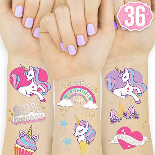 xo, Fetti Unicorn Party Supplies Temporary Tattoos for Kids - 36 Glitter Styles