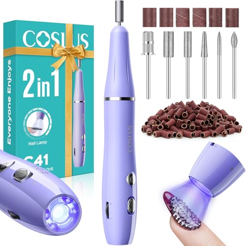 COSLUS Professionell Nagelfräser Kabellos Tragbar: Elektrische Nagelfeile Stufenlos mit Licht für Gelnägel Nagelhaut, Maniküre Pediküre set für Anfänger Nagelstudio, mit Metallbohrer & USB-C Ladegerät