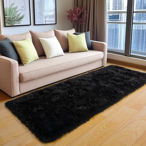 KING DARE Runner Rug 2x6 Black Rugs for Bedroom, Fluffy Shaggy Washable Plush Fuzzy Shag Non-Slip Soft Carpet for Dorm Bedside Hallways Girls Boys Kids Room Indoor Decor