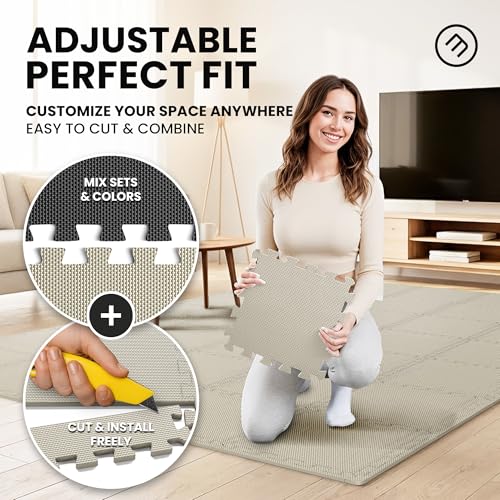 Image of bemaxx Gym Mats Set - 18 pcs EVA Interlocking Foam Floor Tiles (12.6 inchx12.6 inchx0.4 inch) 18sqft Protective Gym Flooring Sports Home Workout Exercise Mats Puzzle Garage Fitness Play-Room Pool Treadmill Bike