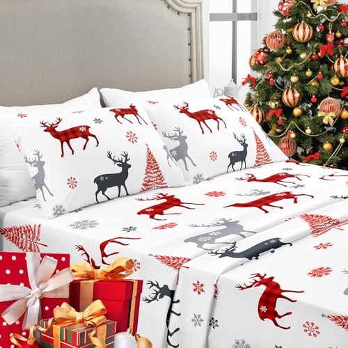 YIYEA Christmas Queen Sheet Set, Luxury 1800TC Double Brushed Microfiber Christmas Bed Sheets for Queen Size Bed, Extra Soft, Deep Pocket, Shrinkage and Fade Resistant, 4PC (Queen)
