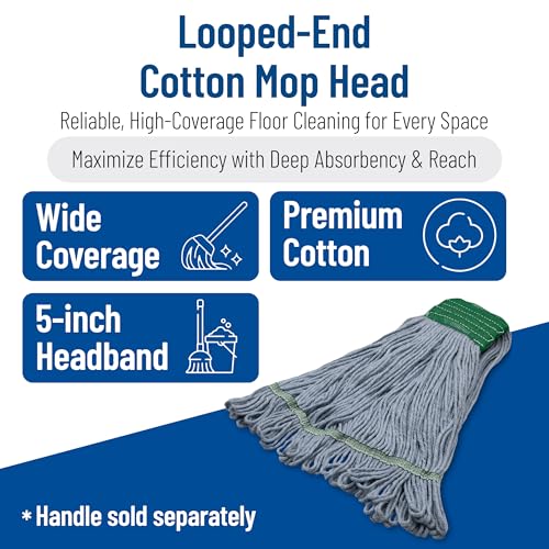 Image of SPARTA 369551B14 Cotton Mop Head, Loop-Ended, 5 Inch Color-Coded Green Headhand for Organized Cleaning, Medium - 36 Inches Long, Blue with Green Band