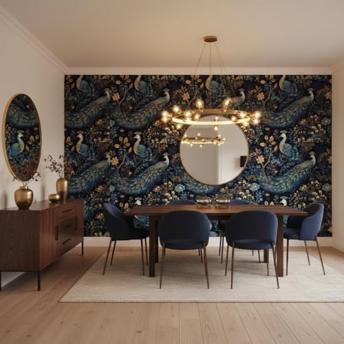 Image of Hotel and Restaurant Blue and Gold Peacock Wallpaper Hotel and Restaurant for wall Stickers Living Room and kidroom Stick Wall Decor|Fantasy Patter Wallpaper for wall Stickers(45 x 300 cm)