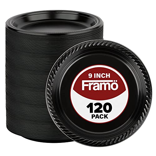 Disposable Black Plastic Plates, Pack of 120-9-Inch Round Plastic Plates Special Events, Party, Dinner, Picnic, or Travel - Bulk Pack Party Supplies