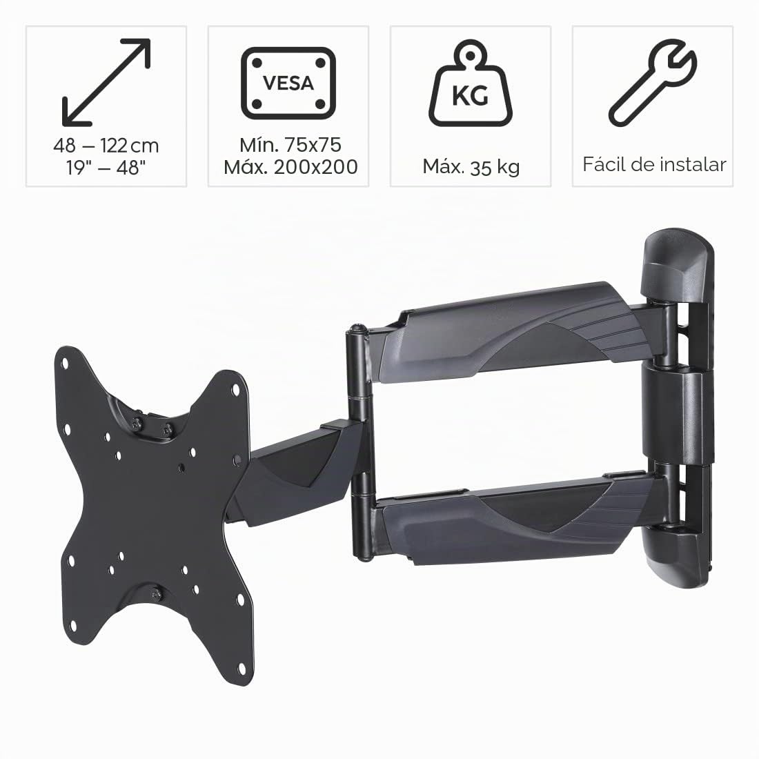 Hama | Soporte de Pared para TV de 19" a 48" (Soporte fullmotion, con 2 Brazos, inclinable +10/-15° y Giratorio 6°, Carga máxima de 35kg, VESA de 75 x 75 hasta 200 x 200, Pantallas de hasta 122cm)