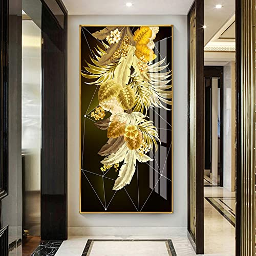 Toile peinture plante cerf noir feuille d'or 50x100cm pour decoration murale salon
