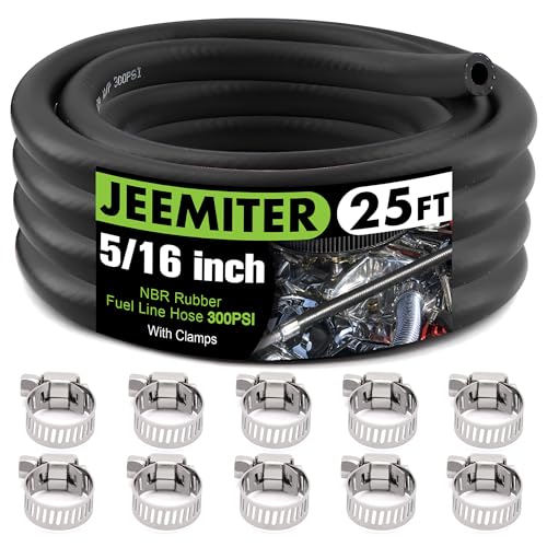 Jeemiter 5/16 ID Fuel Line Hose Kit - 25FT Professional Grade NBR Rubber with 10 Clamps - SAE 30R7 Replacement for Gas Oil Diesel in Cars Trucks Boats Lawn Mowers