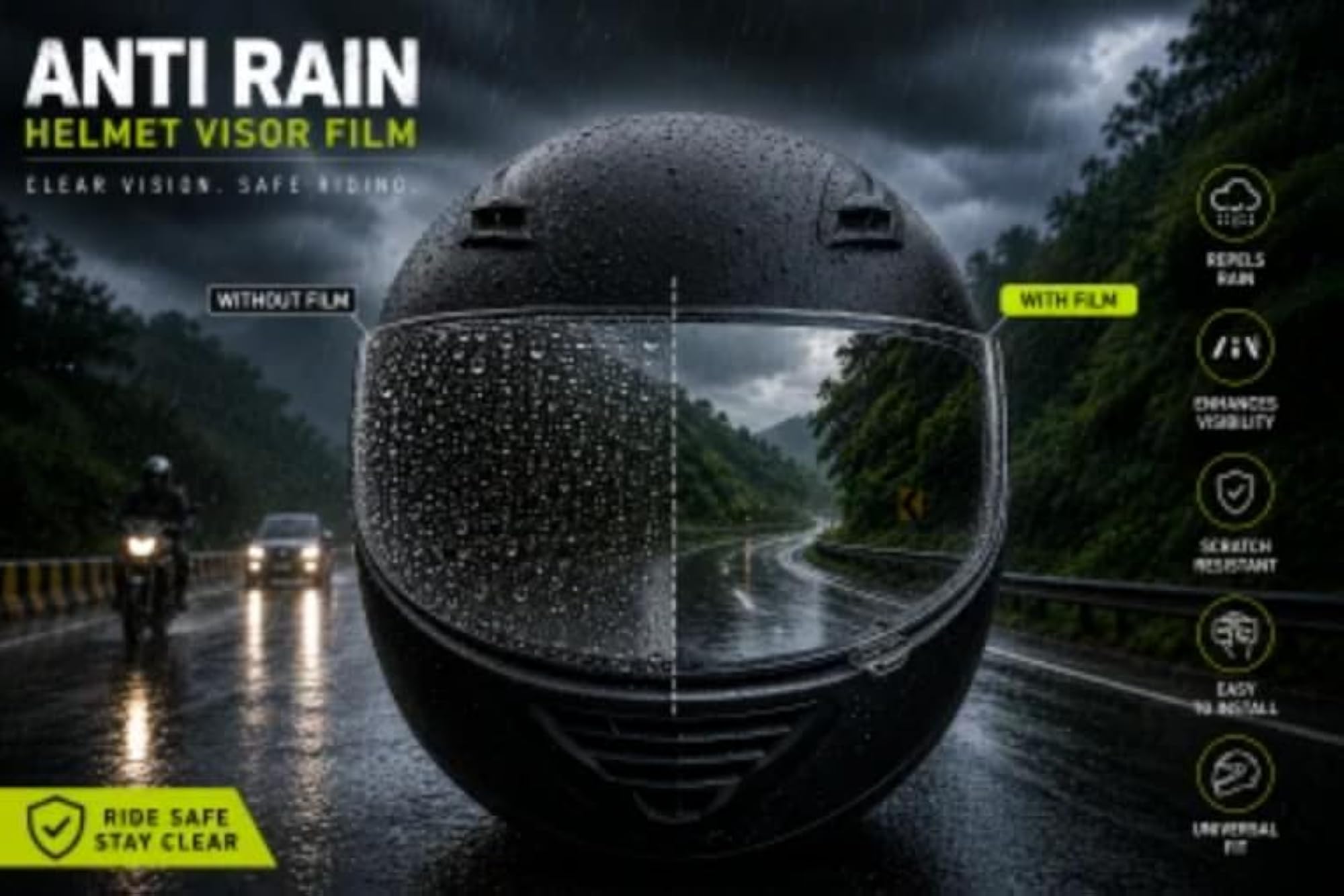 Rain Shield for Helmet, Anti-Fog Film Insert